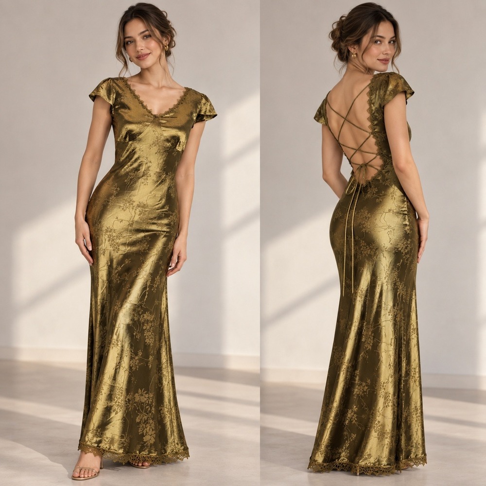 Rihoas Olive Floral Jacquard Satin Maxi Dress Lace Up Medieval Fairycore Small